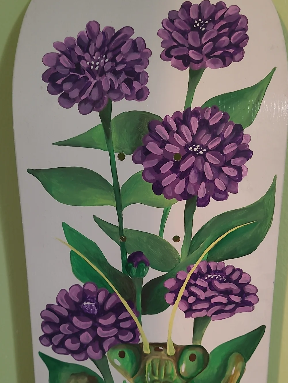 Hand-Painted Praying Mantis Wall Art - Green & Purple